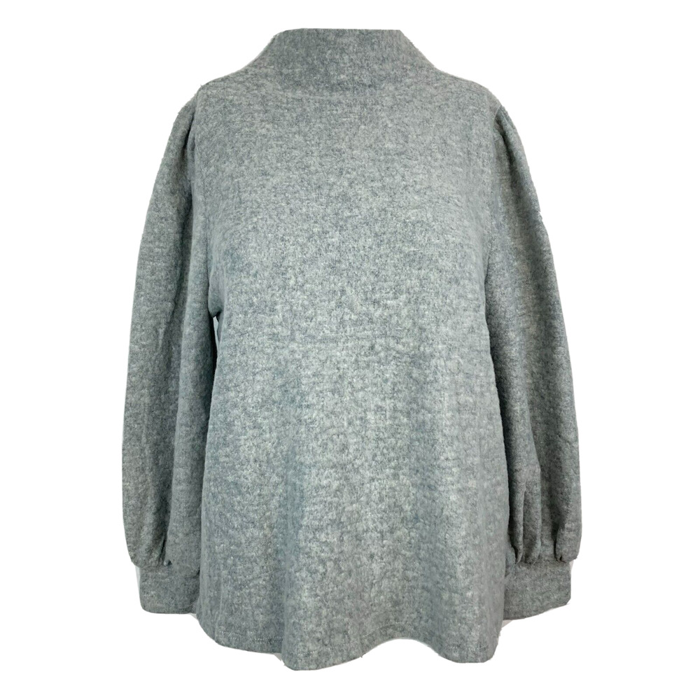 Lush Sweater Womens Sz M Gray Mock Neck Balloon Sleeve Pullover Soft Top Stretch